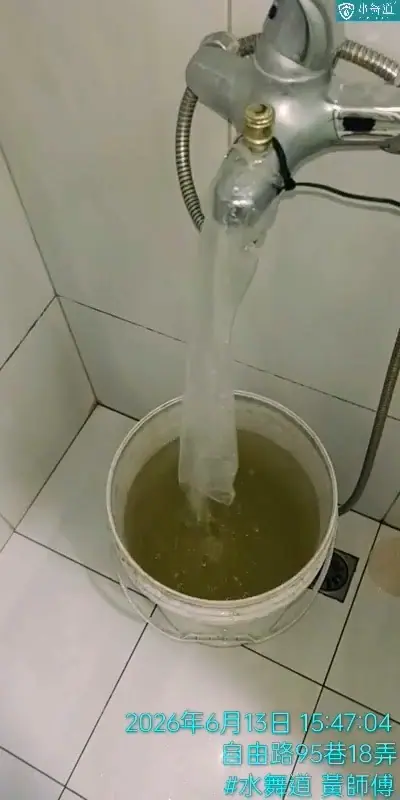 本案為社區團購下午第二場，浴室末端排出偏黃綠混濁水，適合作為19年華廈水管保養評估參考。